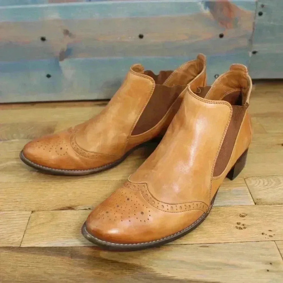 Paul Green Ava Wingtip Size 6.5 Camel Beige Leather Oxford Slip On Chelsea Boots - Picture 9 of 10